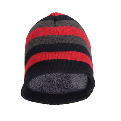 Red Striped Woolen Warm Winter Beanie Skull Cap With Faux Fur Inside for Men/Boys