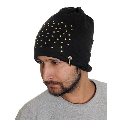 Black Studded Warm Winter Beanie Skull Cap With Faux Fur Inside for Men/Boys