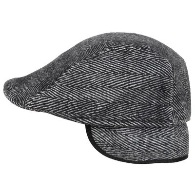 Grey & Black Herringbone Patterned Warm Semi Woolen Golf Cap With Ear Flaps for Wind & Cold Protection for Men