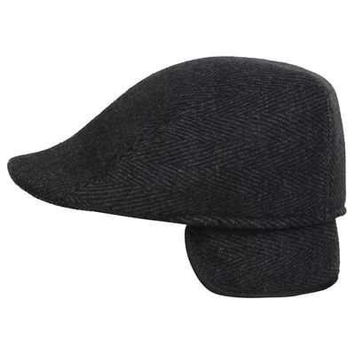 Black Herringbone Patterned Warm Semi Woolen Golf Cap With Ear Flaps for Wind & Cold Protection for Men