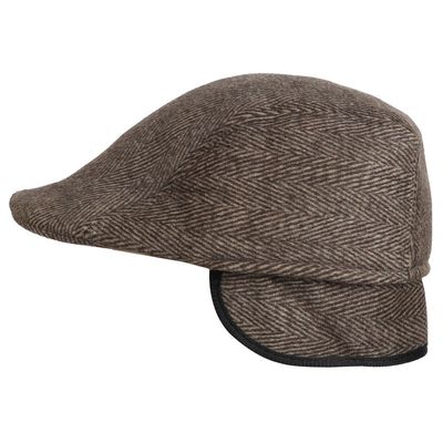 Brown Herringbone Patterned Warm Semi Woolen Golf Cap With Ear Flaps for Wind & Cold Protection for Men