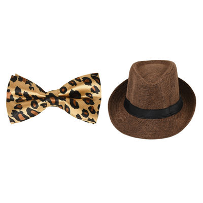 A Smart Combo Party Look With Light Brown Designer Bow Tie and Brown Hat for Boys