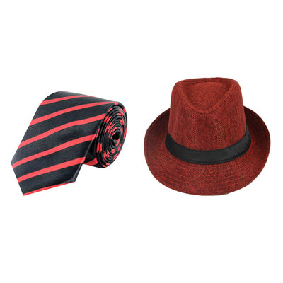 A Smart Combo Party Look With Black & Maroon Striped Tie and Maroon Hat for Boys