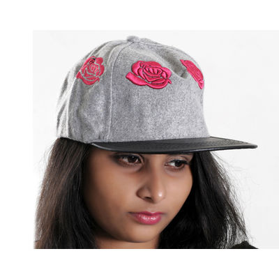 Grey Designer Floral Felt Warm Snapback Cap with PU Flap for Women