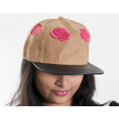 Brown Designer Floral Felt Warm Snapback Cap with PU Flap for Women