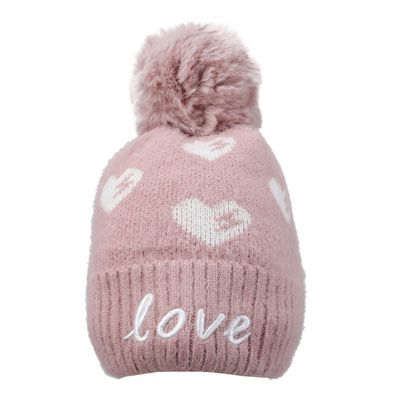 Pink Heart Warm Knitted Winter Woolen Fashionable Caps for Women