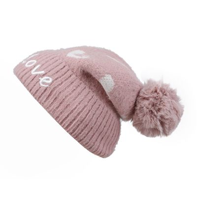 Pink Heart Warm Knitted Winter Woolen Fashionable Caps for Women