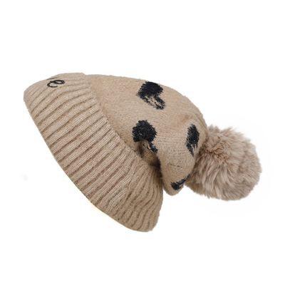 Beige Heart Warm Knitted Winter Woolen Fashionable Caps for Women