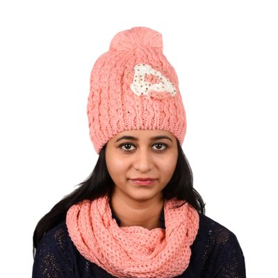 Tiekart women pink floral wollen cap+muffler