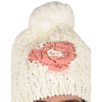 Tiekart women white floral wollen cap+muffler