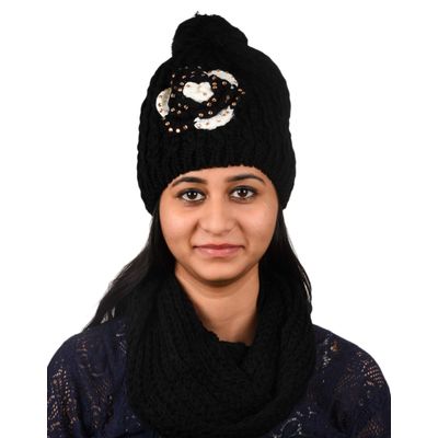 Tiekart women black floral wollen cap+muffler