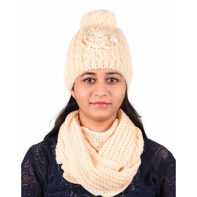 Tiekart women cream floral wollen cap+muffler