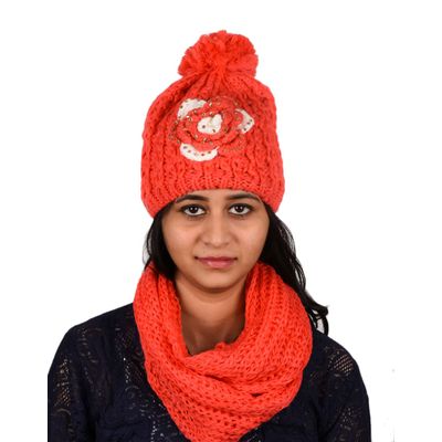 Tiekart women coral floral wollen cap+muffler