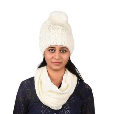 Tiekart women white floral wollen cap+muffler