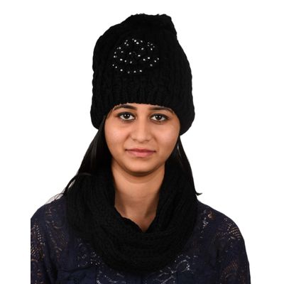 Tiekart women black floral wollen cap+muffler