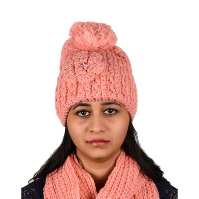 Tiekart women peach floral wollen cap+muffler