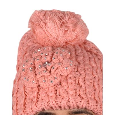 Tiekart women peach floral wollen cap+muffler