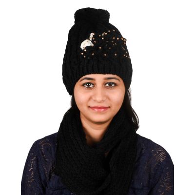 Tiekart women black floral wollen cap+muffler