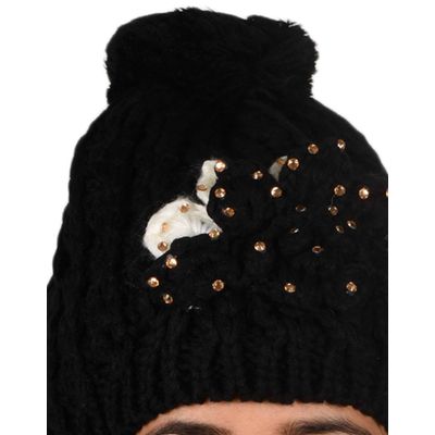 Tiekart women black floral wollen cap+muffler