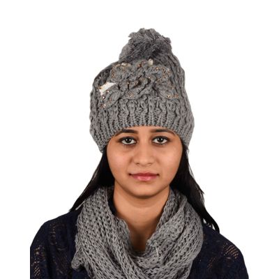 Tiekart women grey floral wollen cap+muffler