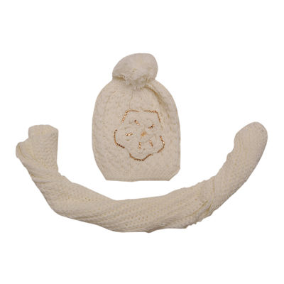 White Designer Woolen Warm Winter Cap + Woolen Muffler Combo Set for Women