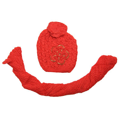 Red Designer Woolen Warm Winter Cap + Woolen Muffler Combo Set for Women