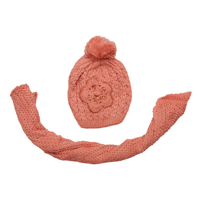 Pink Designer Woolen Warm Winter Cap + Woolen Muffler Combo Set for Women