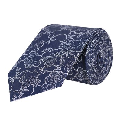 Men Tie - Navy Blue Rose floral Micro Fiber Necktie for Men