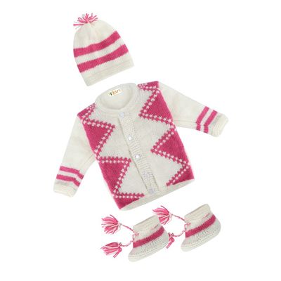 Tiekart Knits - Full Sleeves Hand Knitted geometrical design sweater with Cap & Booties - Off white & Pink