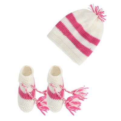 Tiekart Knits - Full Sleeves Hand Knitted geometrical design sweater with Cap & Booties - Off white & Pink