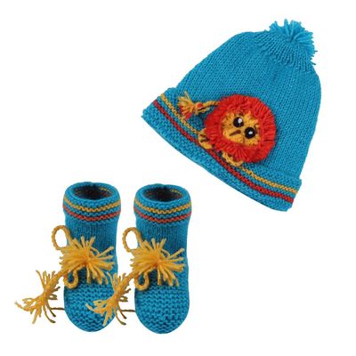 Tiekart Knits - Full Sleeves Hand Knitted Lion design sweater with Cap & Booties - Blue