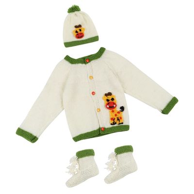 Tiekart Knits - Full Sleeves Hand Knitted Giraffe design sweater with Cap & Booties - Off White & Green