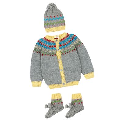 Tiekart Knits - Full Sleeves Hand Knitted Chevron design sweater with Cap & Booties - Grey & Yellow