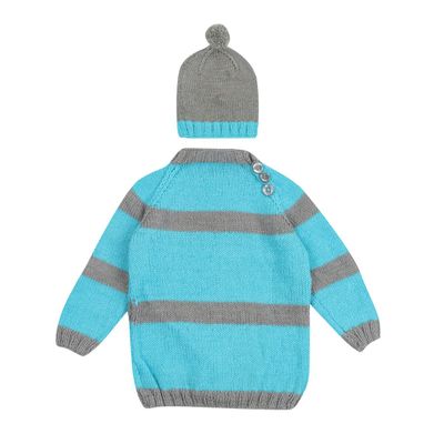 Tiekart Knits - Hand Knitted Twin Strpes design Sweater with Cap & Booties - Blue & Grey