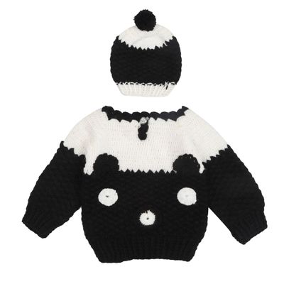 Tiekart Knits - Hand Knitted Teddy design Sweater with Cap & Booties - Black & White