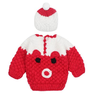 Tiekart Knits - Hand Knitted Teddy design Sweater with Cap & Booties - White & Maroon