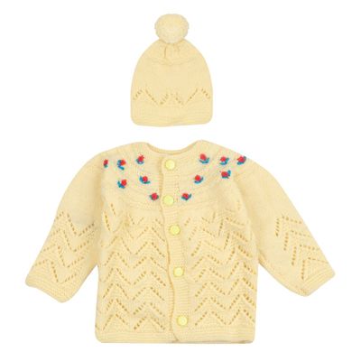 Tiekart Knits - Hand Knitted Flower design Sweater with Cap & Booties - Yellow