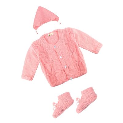 Tiekart Knits - Full Sleeves sweaters Combo with Cap & Booties (Hand Knitted) - Pink