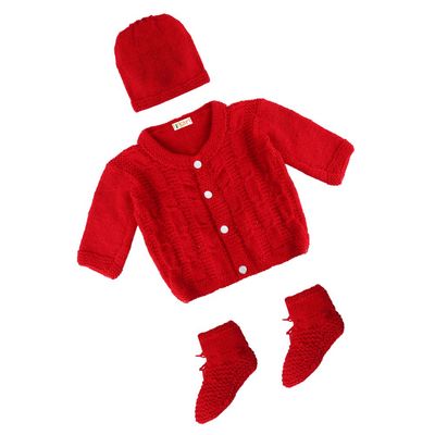 Tiekart Knits - Full Sleeves sweaters Combo with Cap & Booties (Hand Knitted) - White & Red