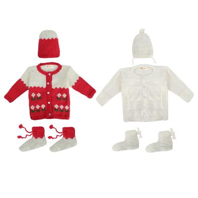 Tiekart Knits - Full Sleeves sweaters Combo with Cap & Booties (Hand Knitted) - Off White & Orange