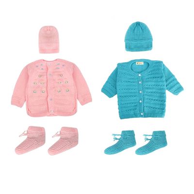 Tiekart Knits - Full Sleeves sweaters Combo with Cap & Booties (Hand Knitted) - Pink & Blue