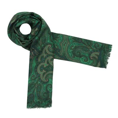 Silk Long scarf for Men - Green Paisley design