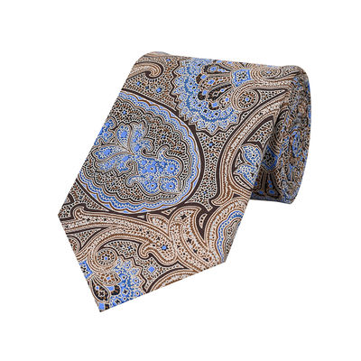 3-Fold Floral Patterned Printed Silk Tie - Brown/Navy/Light Blue