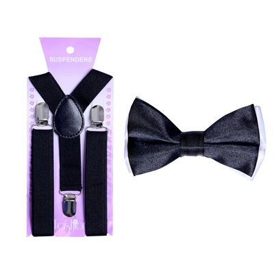 Tiekart kids black & white plain solids  bow tie+suspenders