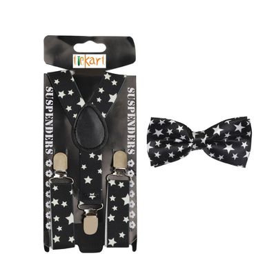 Tiekart - Kids Printed Star design suspender+bowtie combo - Black & White