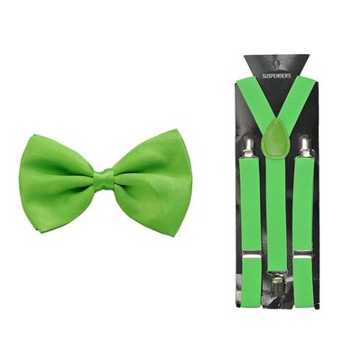 A Cool Combo Set of Green Satin Plain Bow Tie and Plain Green Suspender for Men