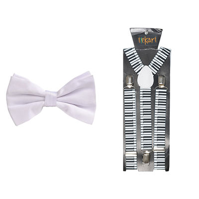 A Cool Combo Set of White Satin Plain Bow Tie and a Funky Suspender for Men