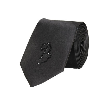 Black Stone Embelished Monogram Designer Microfiber Partywear and Wedding Tie for Men