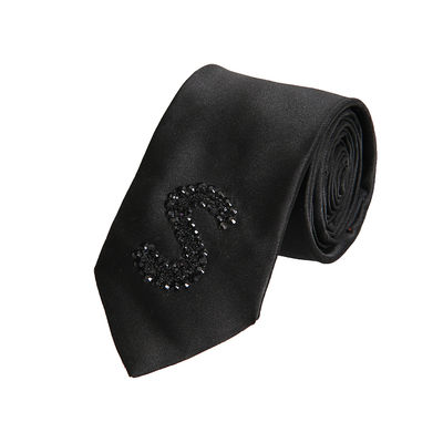 Black Stone Embelished Monogram Designer Microfiber Partywear and Wedding Tie for Men