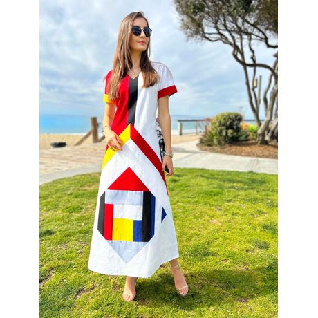 MELINA CALIFORNIA COLORS MONDRIAN HAND WOVEN COTTON PATCHWORK DRESS